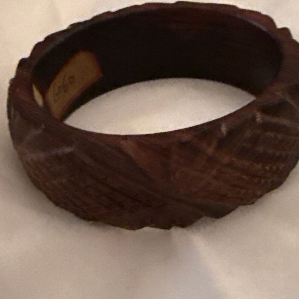 Vintage Carved Wood Bangle Bracelet Wide‎ Dark Brown Chunky Mid Century